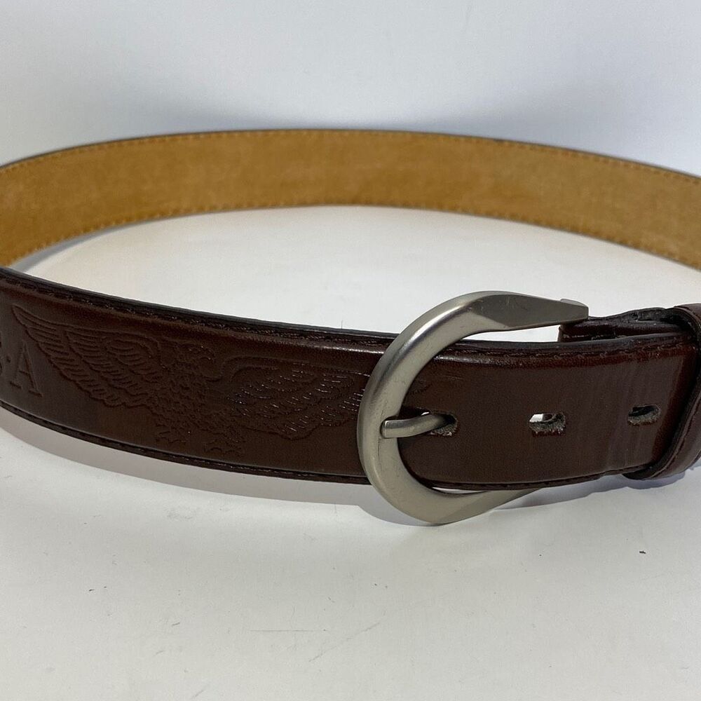 Men's Genuine Leather Belt Embossed Eagle USA Patriotic Logo Brown Large 42"